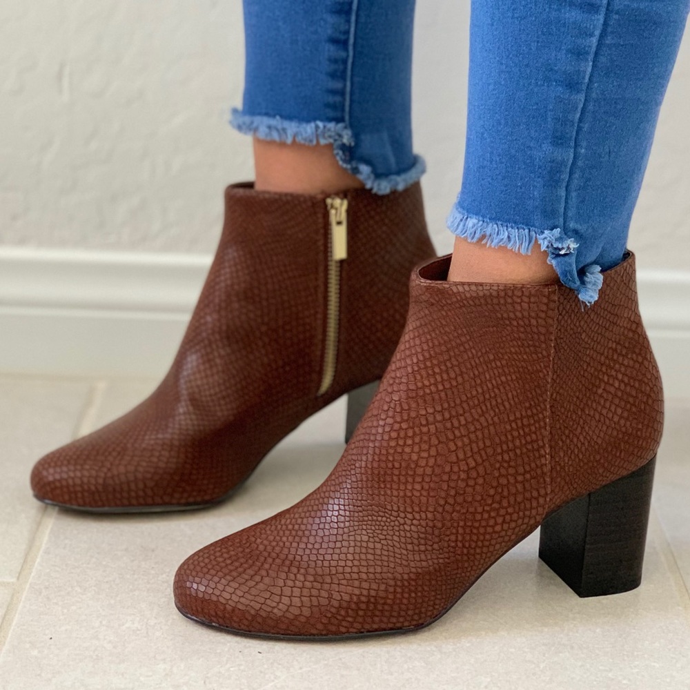 Snake Textured Cognac Block Heel Ankle Booties